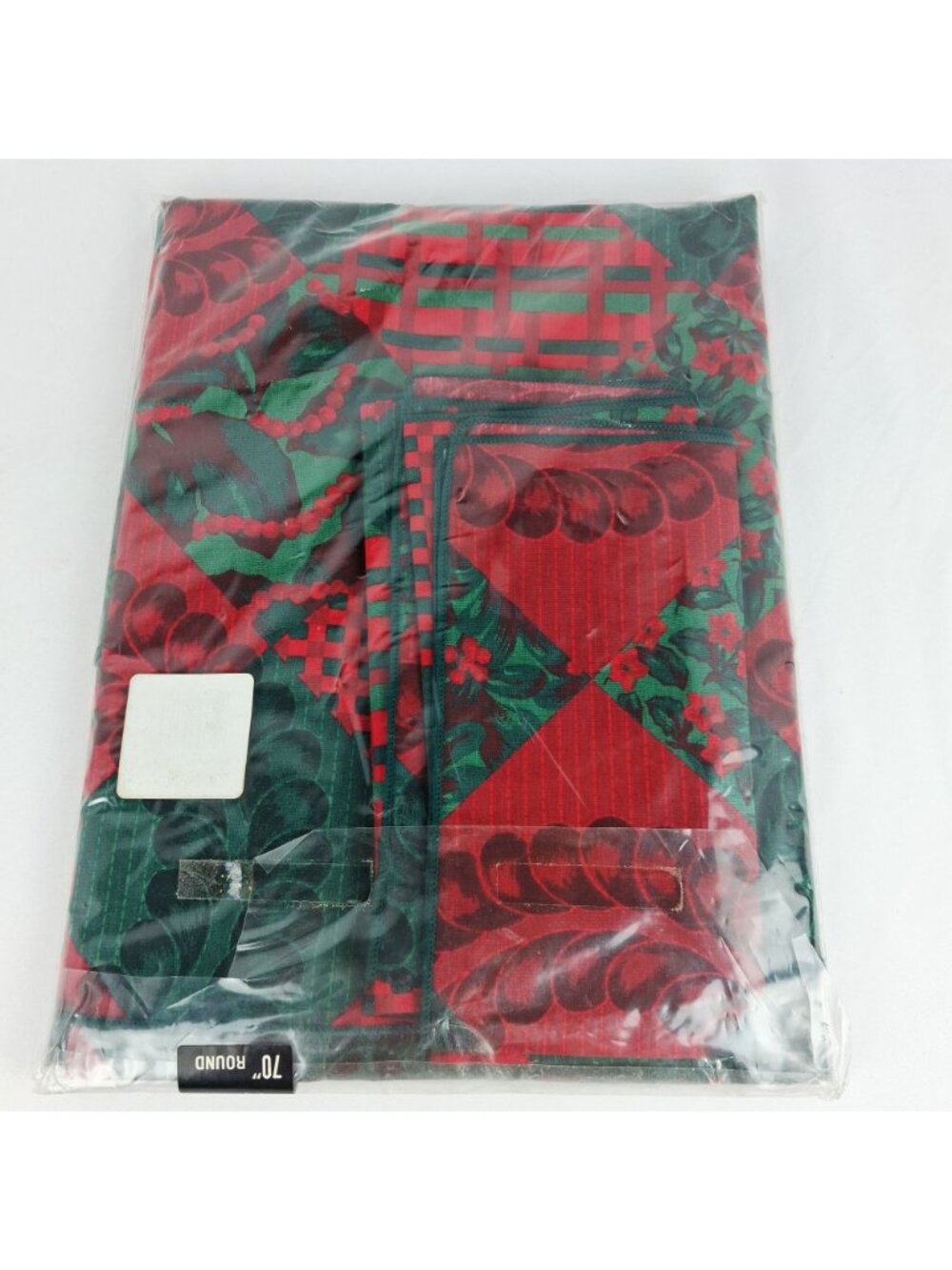 NOS Tobin Holiday 70" Round Fabric Tablecloth w/4 napkins Red Green Floral - Picture 2 of 8